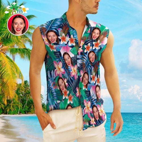 Custom Face Men's Sleeveless Hawaiian Shirts Personalized Sleeveless Shirts For Men Colorful Flowers - SantaSocks