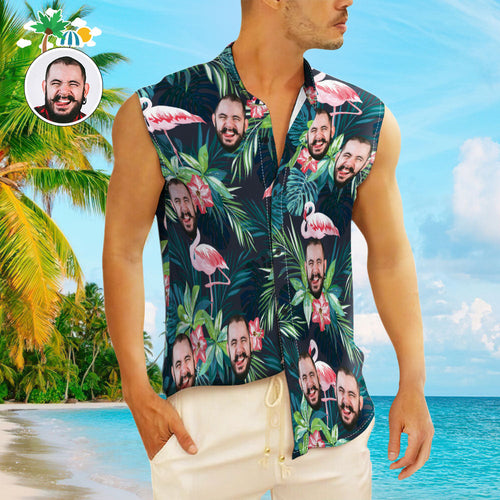 Custom Face Men's Sleeveless Hawaiian Shirts Personalized Sleeveless Shirts For Men Flamingo Flower - SantaSocks