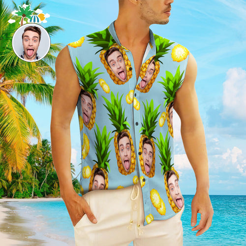 Custom Face Men's Sleeveless Hawaiian Shirts Personalized Sleeveless Shirts For Men Big Pineapple - SantaSocks