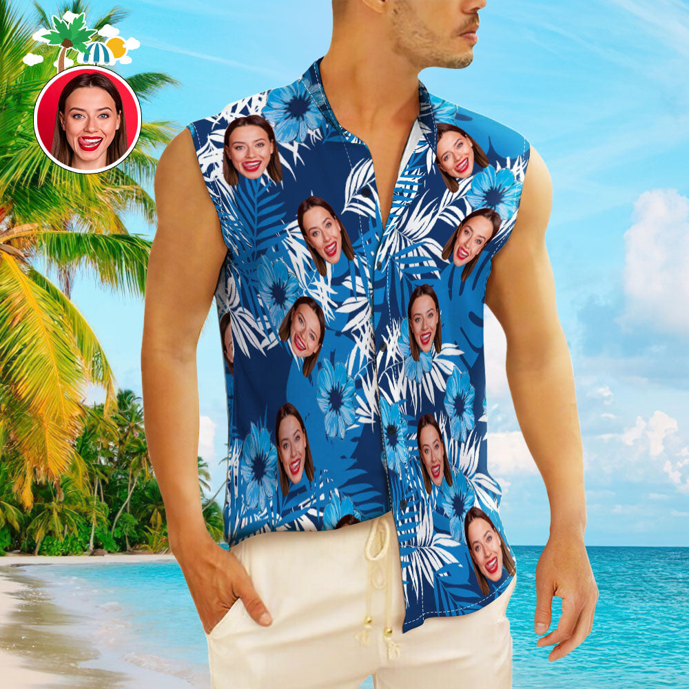Custom Face Men's Sleeveless Hawaiian Shirts Personalized Blue Sleeveless Shirts For Men - SantaSocks