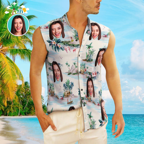 Custom Face Men's Sleeveless Hawaiian Shirts Personalized Sleeveless Shirts For Men Sea View - SantaSocks