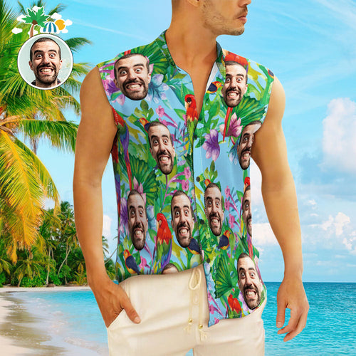 Custom Face Men's Sleeveless Hawaiian Shirts Personalized Sleeveless Shirts For Men Colorful Parrot - SantaSocks