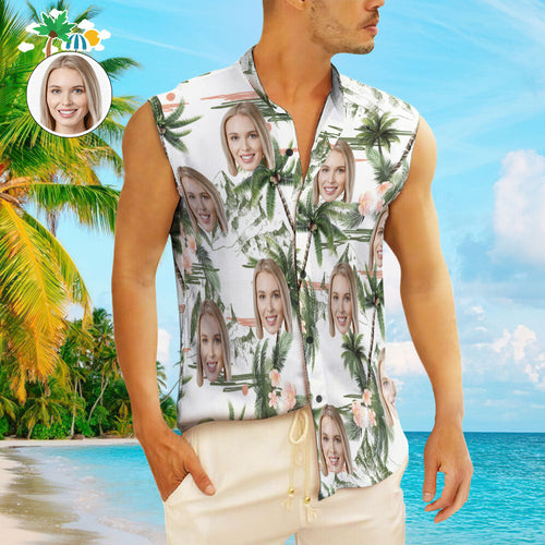 Custom Face Men's Sleeveless Hawaiian Shirts All Over Print Coconut Tree - SantaSocks