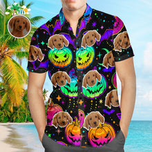 Custom Face Hawaiian Shirt Vintage Halloween Pumpkins Men's Popular All Over Print Bright Multicolored Pumpkins And Bats Hawaiian Beach Shirt Holiday Gift - PetGiftsCustom