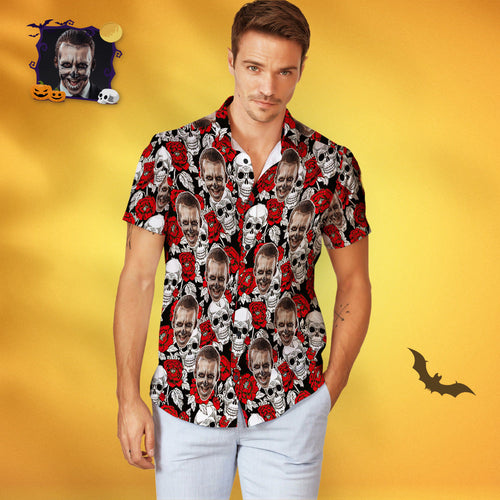 Custom Face Men Hawaiian Shirts Personalized Halloween Hawaiian Shirts Skull and Roses - SantaSocks