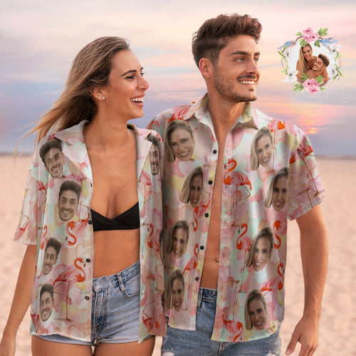 Custom Face Hawaiian Shirts Personalized Flamingo Couple Hawaiian Shirts Valentine's Day Gift - SantaSocks