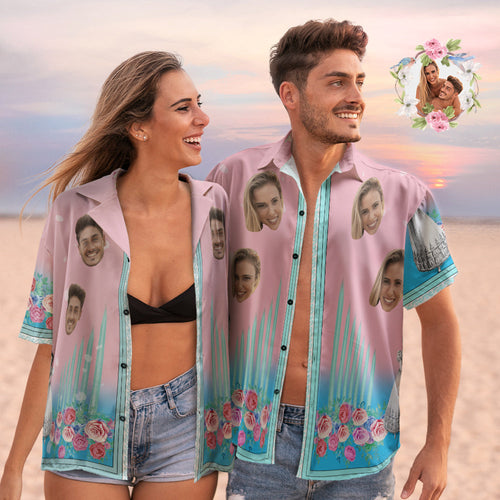 Custom Face Hawaiian Shirts Personalized Couple Floral Pink Holiday Beach Shirts Valentine's Day Gift - SantaSocks
