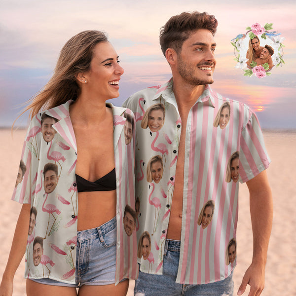 Custom Face Hawaiian Shirts Personalized Couple Flamingo Shirts Casual Short Sleeve Valentine's Day Gift - SantaSocks