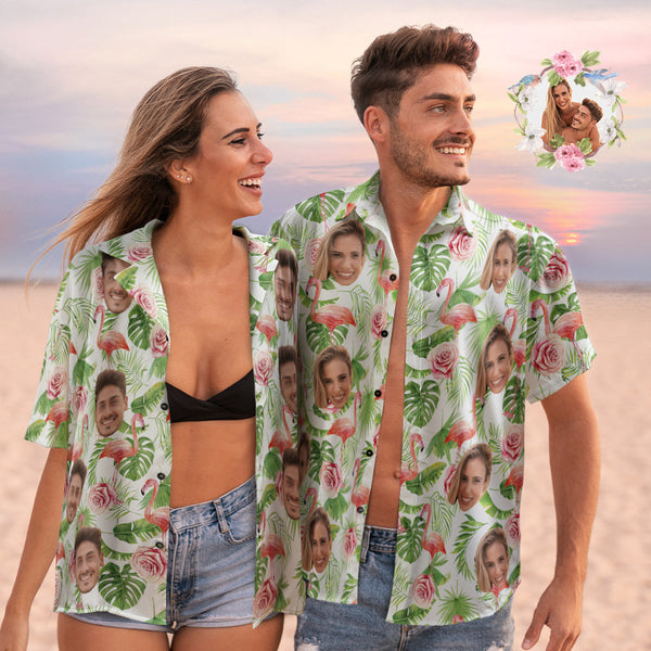 Custom Face Hawaiian Shirts Personalized Flamingo Shirts Couple Casual Short Sleeve Valentine's Day Gift - SantaSocks
