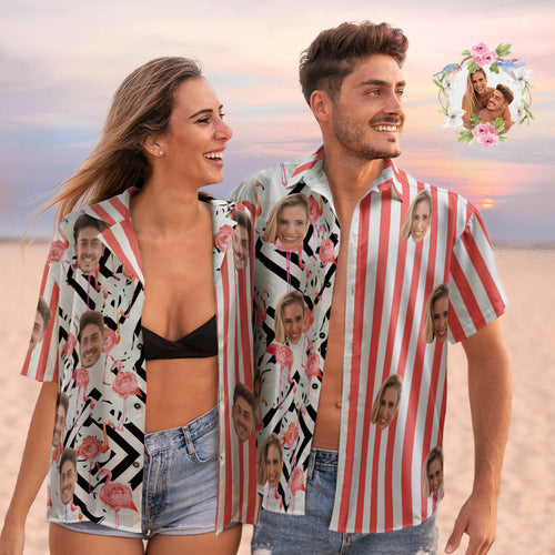 Custom Face Hawaiian Shirts Personalized Flamingo Shirts Casual Short Sleeve Valentine's Day Gift for Couple - SantaSocks