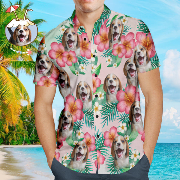 Custom Face Men's Hawaiian Shirts with Red Flower for Pet Lover
