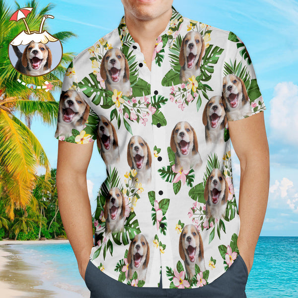 Custom Face Men's Hawaiian Shirts with Green Leaves for Pet Lover