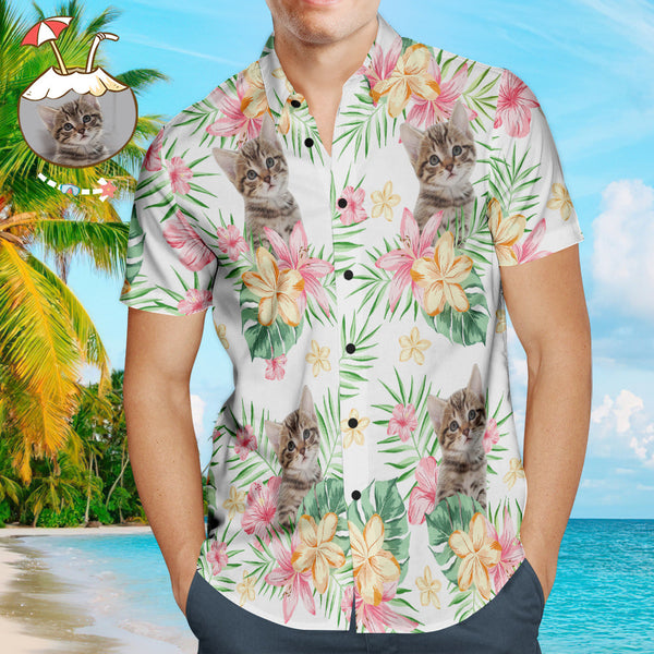 Custom Cat Face Men's Hawaiian Shirts with Pink Flower for Pet Lover