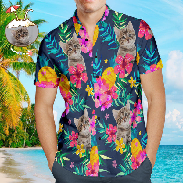 Custom Cat Face Men's Hawaiian Shirts Dark Blue Hawaiian Shirt for Pet Lover