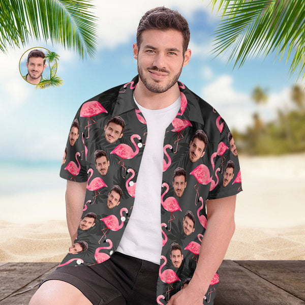Custom Face Hawaiian Shirt For Him Personalized Men's Photo Shirt Flamingo & Monstera Leaves Valentine's Day Gift