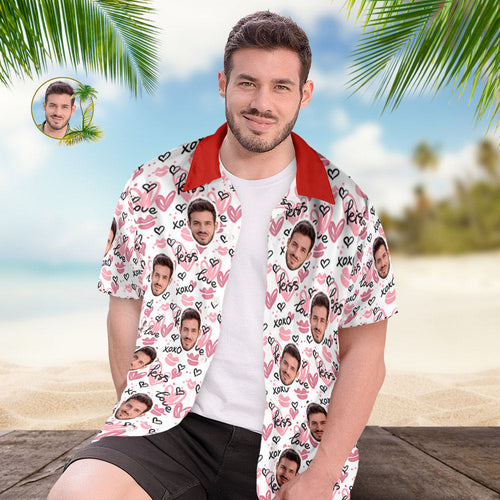 Custom Face Hawaiian Shirt For Him Personalized Men's Photo Shirt Love Kiss XOXO Valentine's Day Gift