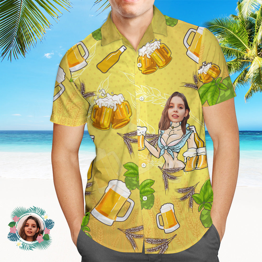 Custom Face Hawaiian Shirt Men's All Over Print Aloha Shirt Gift - Girl and Beer