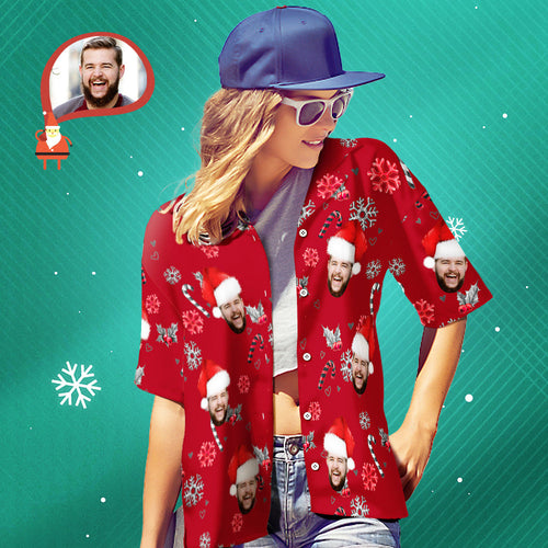 Custom Face Hawaiian Shirt Personalised Women's Photo Christmas Shirts With Candy Canes For Women