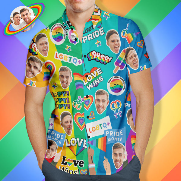 Custom Face Men Hawaiian Shirts Personalized LGBTQ Gay Pride Shirt - Love Wins
