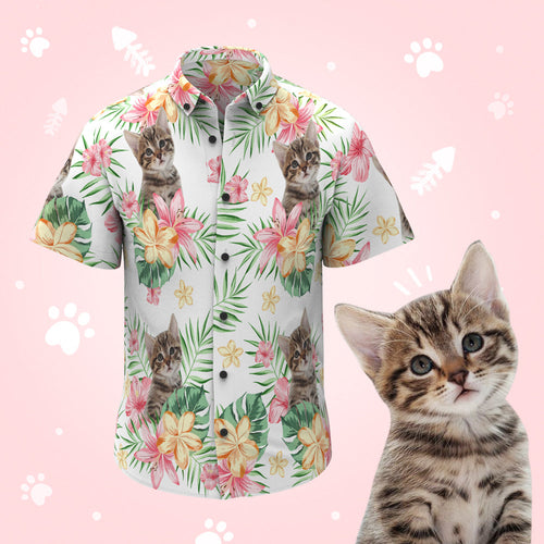 Custom Cat Face Men's Hawaiian Shirts with Pink Flower for Pet Lover