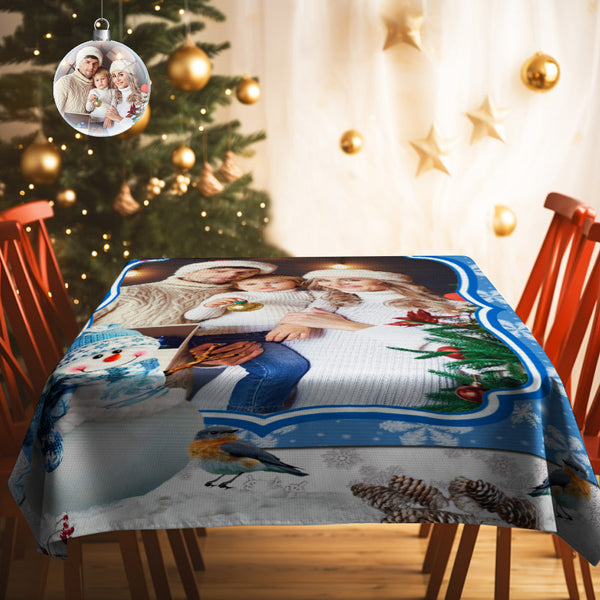 Personalized Photo Christmas Snowman Tablecloth Custom Washable Table Cover Christmas Gift