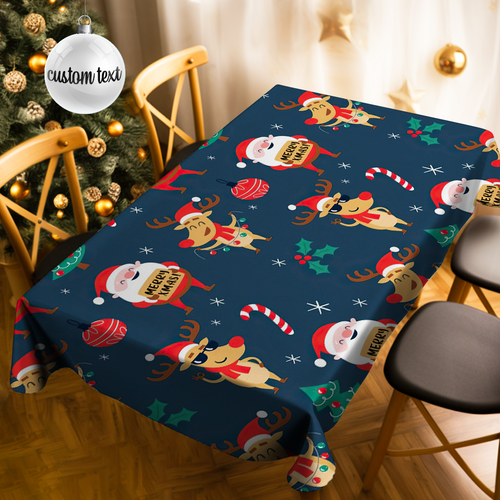 Custom Text Santa and Christmas Elk Tablecloth Personalized Washable Table Cover Christmas Gift