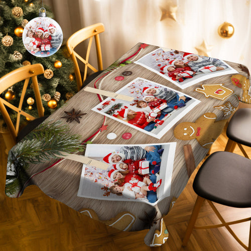 Custom Family Photo Christmas Gingerbread Tablecloth Personalized Washable Table Cover Christmas Gift