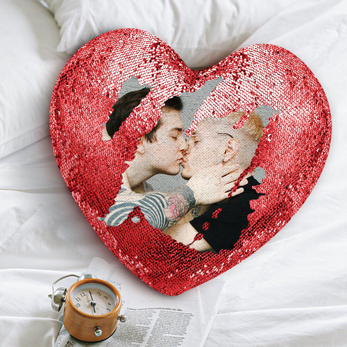 Custom Love Heart Photo Magic Sequin Pillow LGBT Gifts