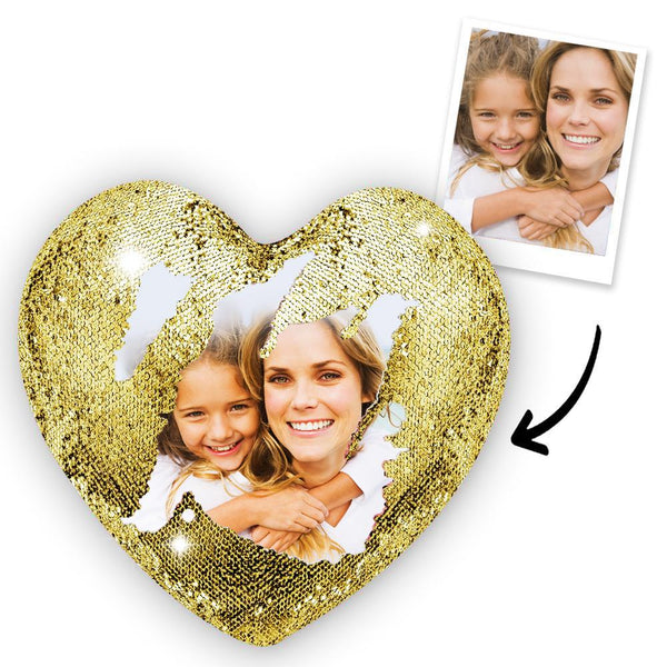 Custom Photo Magic Heart Sequins Pillow for Mom