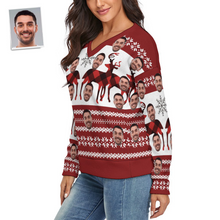 Custom Face Women V-Neck Christmas Sweater Christmas Elk Spandex Comfortable