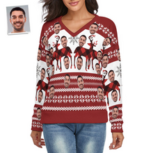 Custom Face Women V-Neck Christmas Sweater Christmas Elk Spandex Comfortable