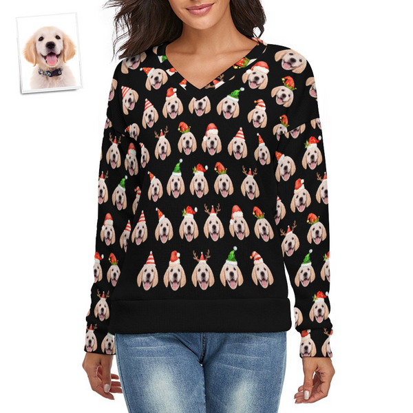 Custom Face Women V-Neck Christmas Pet Theme Sweater Spandex Comfortable