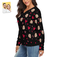 Custom Face Women V-Neck Sweater With Little Heart Couple Theme Spandex Comfortable