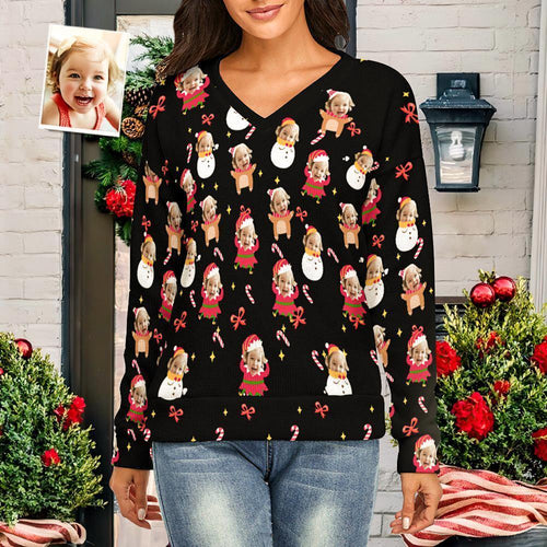 Custom Face Women V-Neck Christmas Sweater Lively And lovely Spandex Comfortable