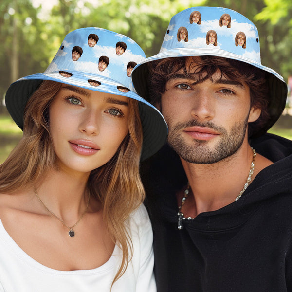 Custom Bucket Hat Unisex Face Bucket Hat Summer Print Bucket Hat Blue Sky and Clouds - SantaSocks