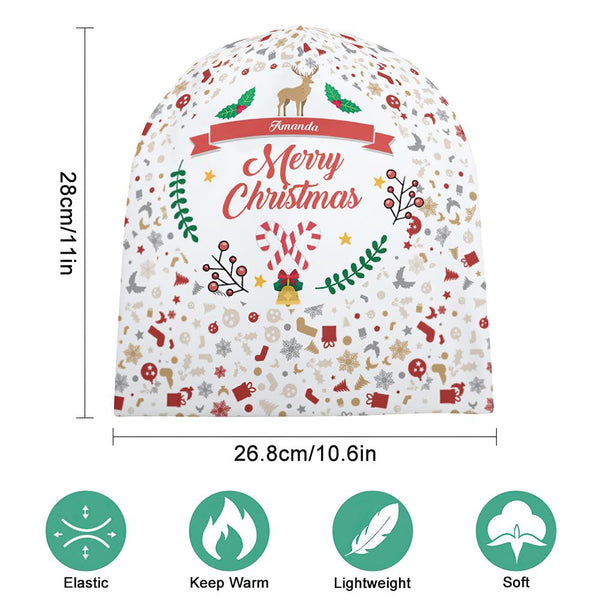 Custom Full Print Pullover Cap with Text Personalized Beanie Hats Christmas Gift for Her - Merry Chrstmas
