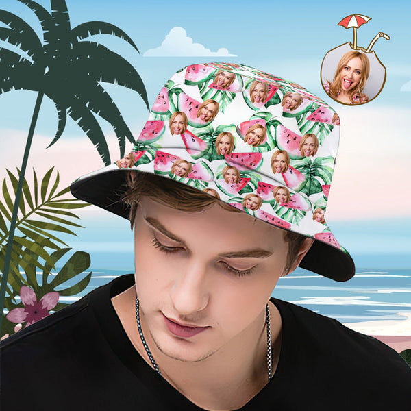 Custom Bucket Hat Personalized Face All Over Print Tropical Flower Print Hawaiian Fisherman Hat - Watermelon