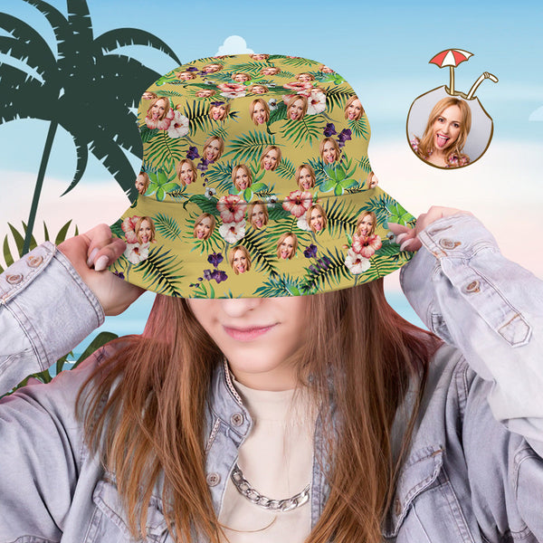 Custom Bucket Hat Personalized Face All Over Print Tropical Flower Print Hawaiian Fisherman Hat - Yellow