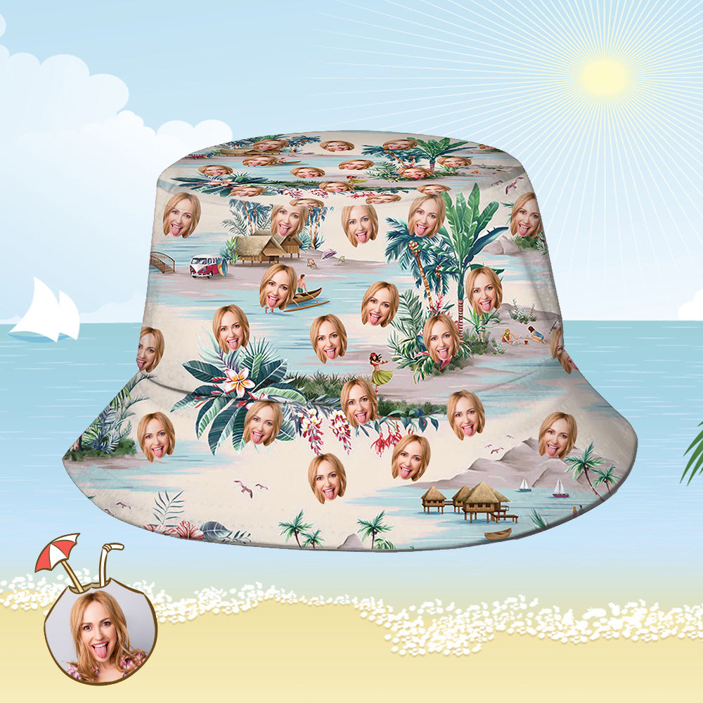 Custom Bucket Hat Personalized Face All Over Print Tropical Flower Print Hawaiian Fisherman Hat - Sea View