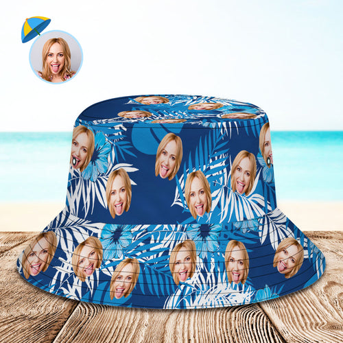 Custom Bucket Hat Personalized Face All Over Print Tropical Flower Print Hawaiian Fisherman Hat - Blue Leaves