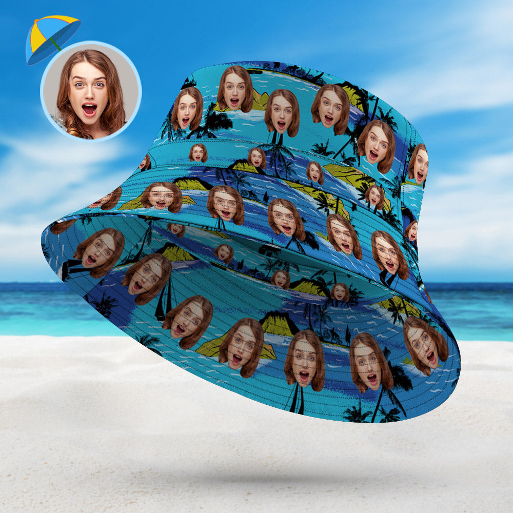 Personalized Face Bucket Hat Double-Side-Wear Reversible Hawaiian Style Outdoors Sun Cap - SantaSocks