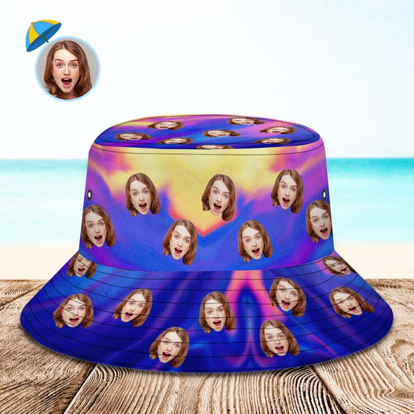 Custom Face Bucket Hat Unisex Personalized Wide Brim Outdoor Summer Cap Hiking Beach Sports Hats Abstract Texture Purple and Yellow