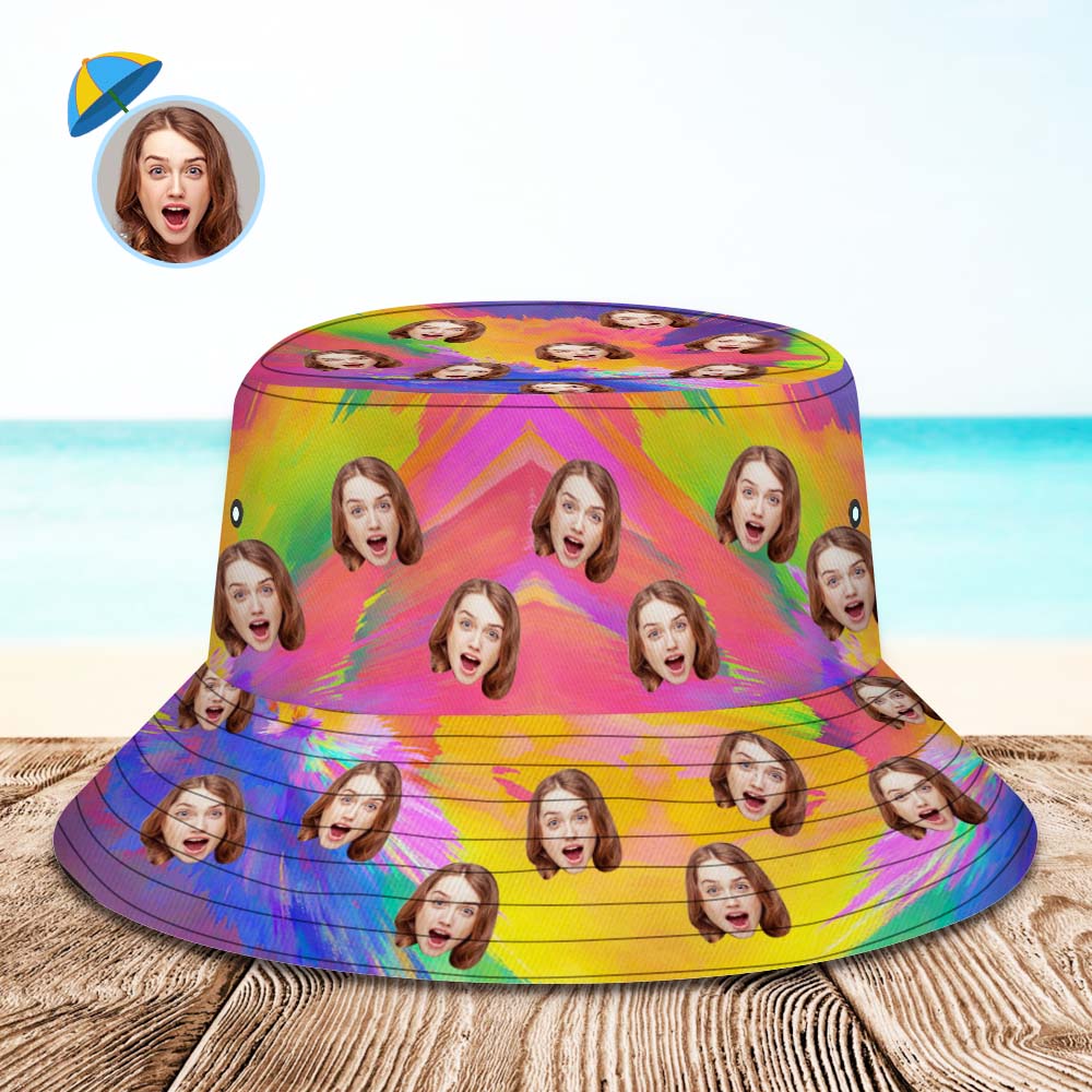 Custom Face Bucket Hat Unisex Personalized Wide Brim Outdoor Summer Hats Abstract Texture Purple Yellow and Pink