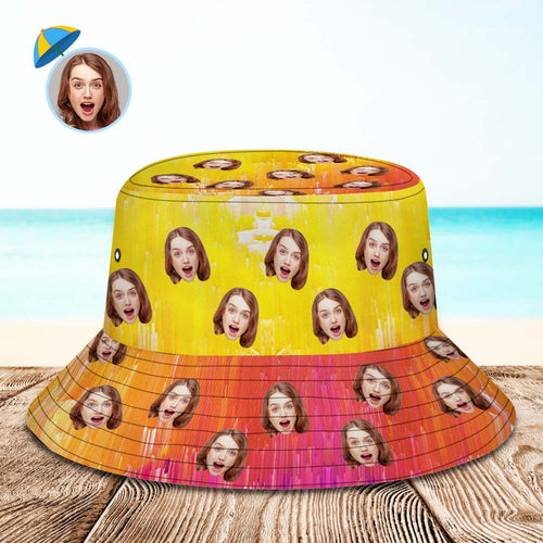 Custom Face Bucket Hat Unisex Personalized Wide Brim Outdoor Summer Hats Orange and Yellow Abstract Texture