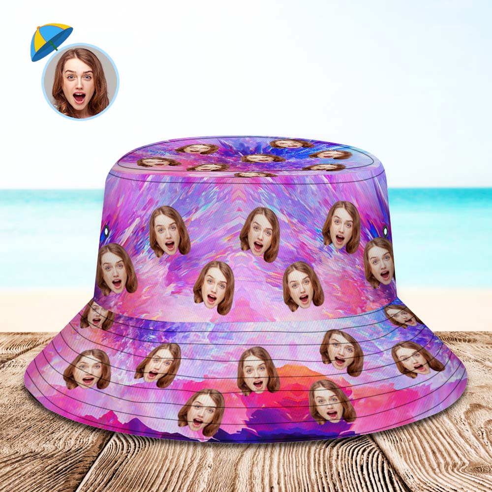 Custom Face Bucket Hat Unisex Personalized Wide Brim Outdoor Summer Hats Pink and Purple Abstract Texture