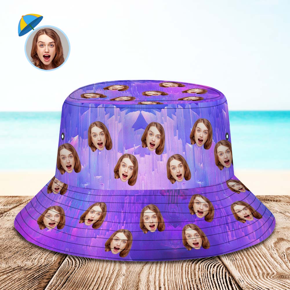 Custom Photo Bucket Hat Unisex Personalized Face Hiking Beach Sports Hats Purple and Blue Abstract Texture