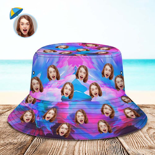 Custom Face Bucket Hat Personalized Hiking Beach Sports Hats Unisex Purple and Blue Abstract Texture
