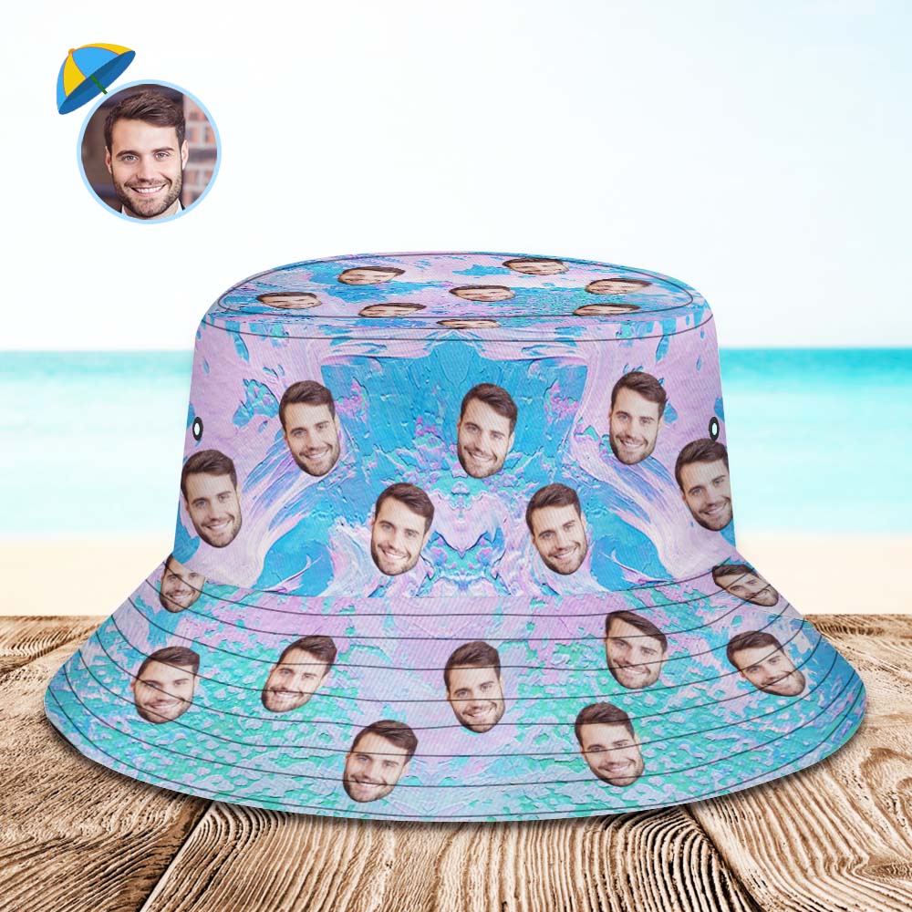 Custom Face Bucket Hat Unisex Personalized Wide Brim Outdoor Summer Hats Blue and Pink Oil Painting Style