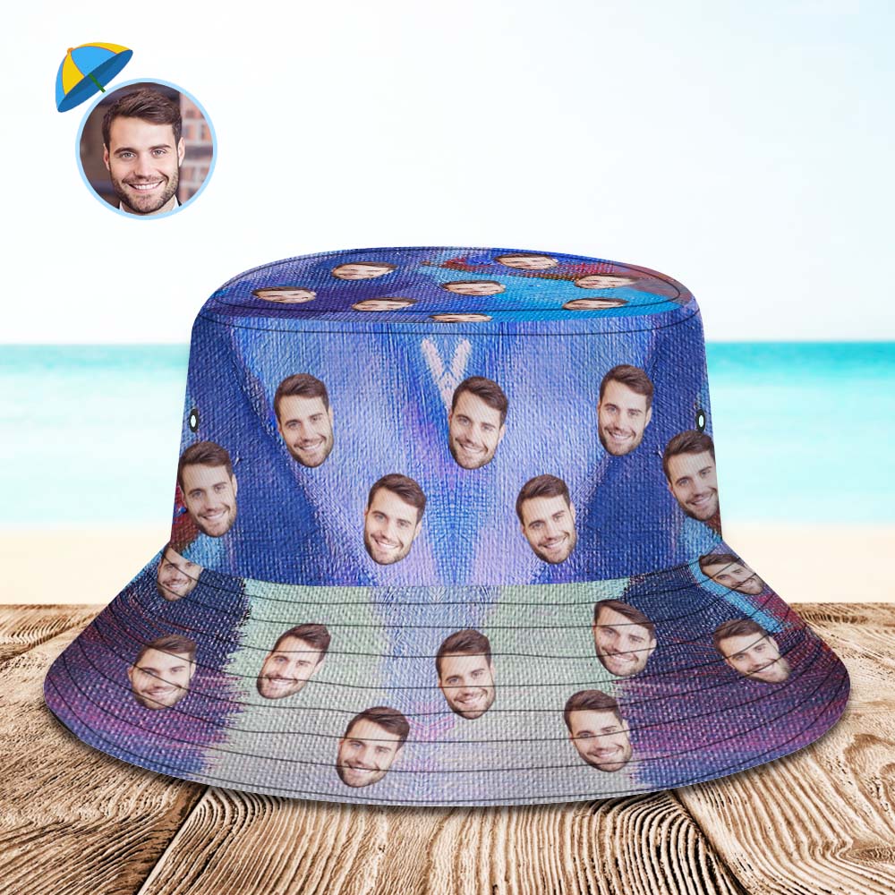 Custom Face Bucket Hat Unisex Personalized Wide Brim Outdoor Summer Hats Blue and Purple Oil Painting Style