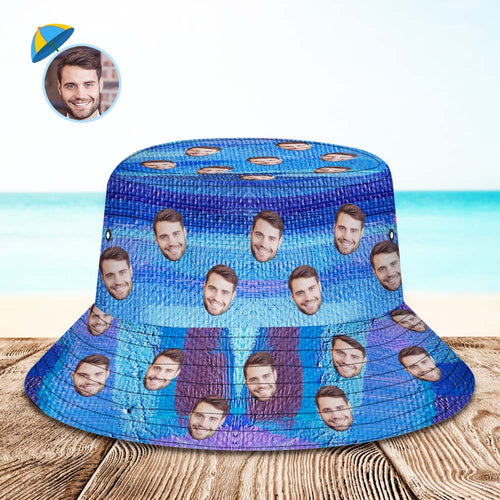 Custom Face Bucket Hat Unisex Personalized Photo Wide Brim Outdoor Summer Hats Blue Oil Painting Style